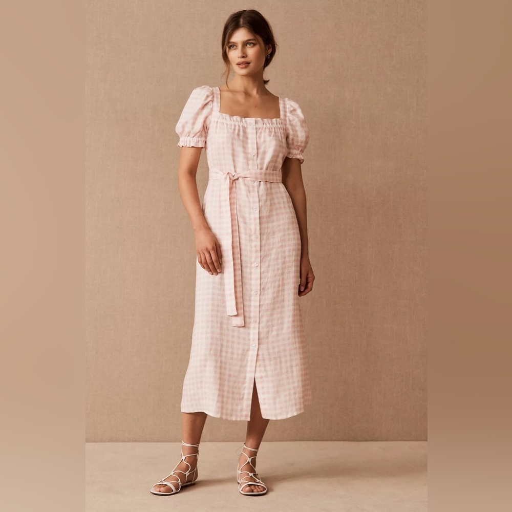Anthropologie BHLDN Sleeper Linen Brigitte Midi Dress Pink Size Small
